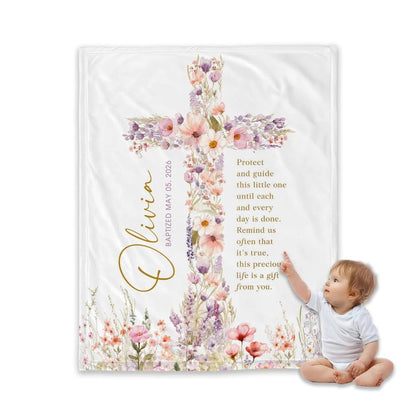 ZEBRA88 Personalized Baptism Blanket for Girl, Custom Floral Cross Christian Blanket, Catholic Christening Throw