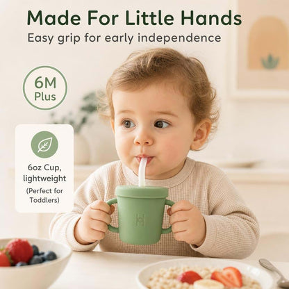 Haomomo Stainless Steel Straw Cup for Toddlers, 6oz - Spill Proof with Clear Bendy Straw and Handles