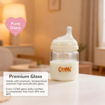 COMI Natural Glass Baby Bottles for Breastfeeding Babies,Newborn Anti-Colic Baby Bottle Set with Slow Flow Nipple,0-3 (photo 2)