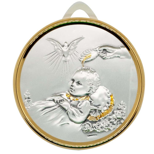 VILLAGE GIFT IMPORTERS Baptism Memento Crib Medal | Baby and Holy Spirit Plaque with Blue and Pink Ribbons | Great
