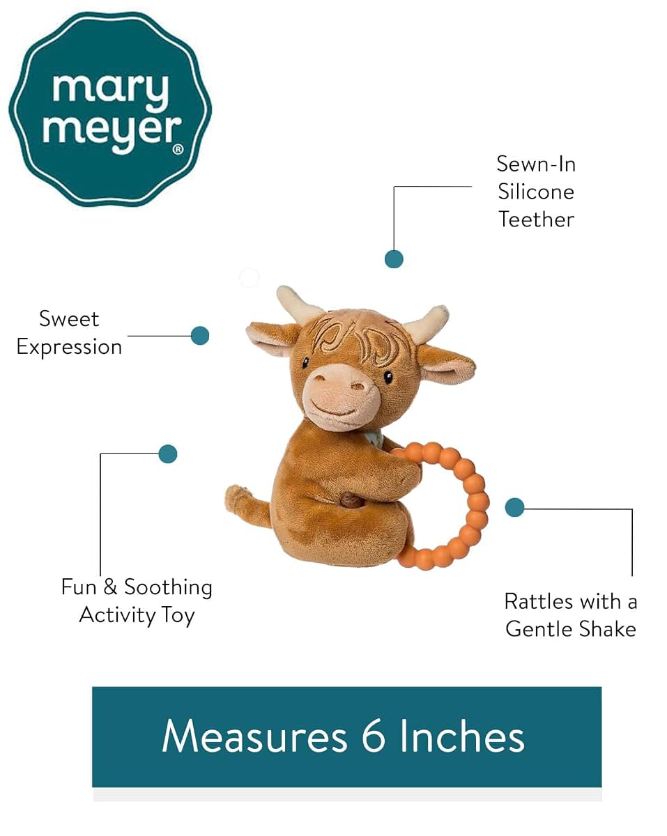 Mary Meyer Soft Baby Rattle with Teether Ring - Hetty Highland Cow