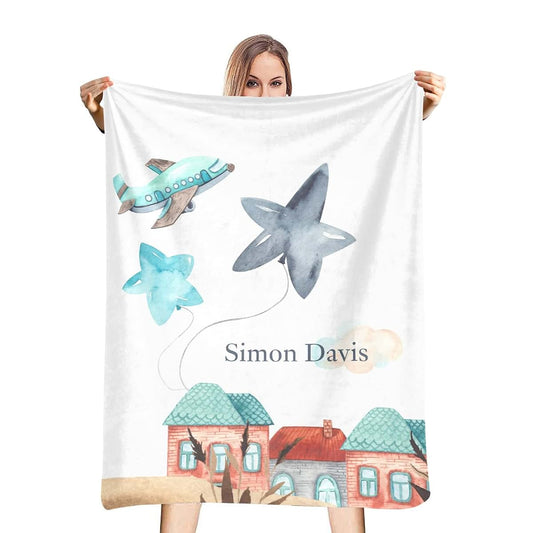 Nzoohy Personalized Airplane Clouds Baby Blanket, Custom Sherpa Fleece Throw