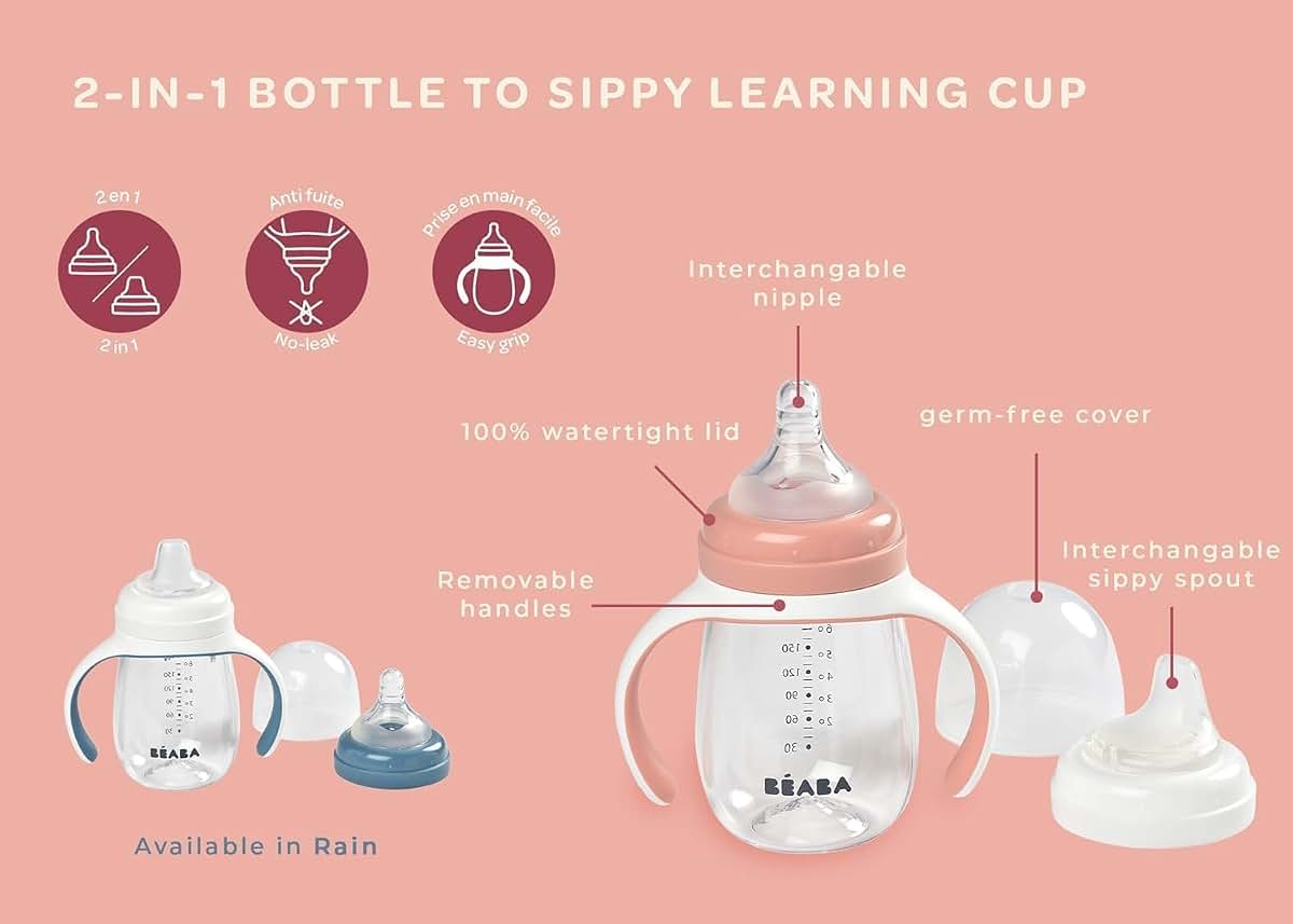 Béaba BEABA 2-in-1 Baby Bottle to Transition Sippy Cup, No Spill Sippy Cup, Includes Removable Handles, Silicone Baby (photo 2)