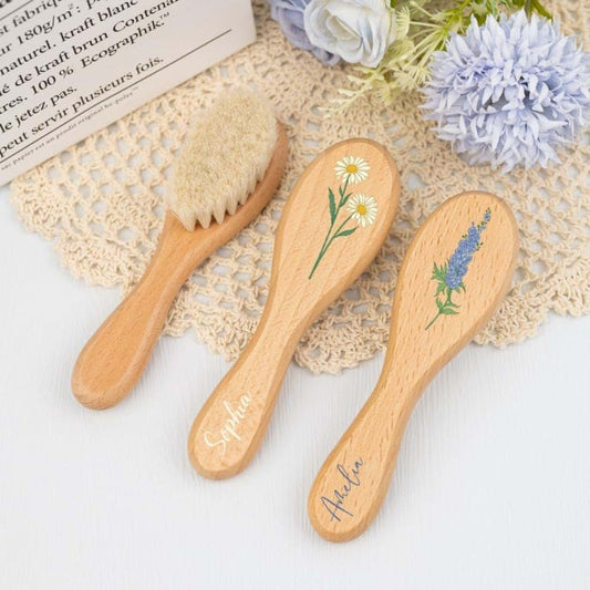 Hainadian Personalized Wooden Baby Hairbrush With Soft Wool Bristles