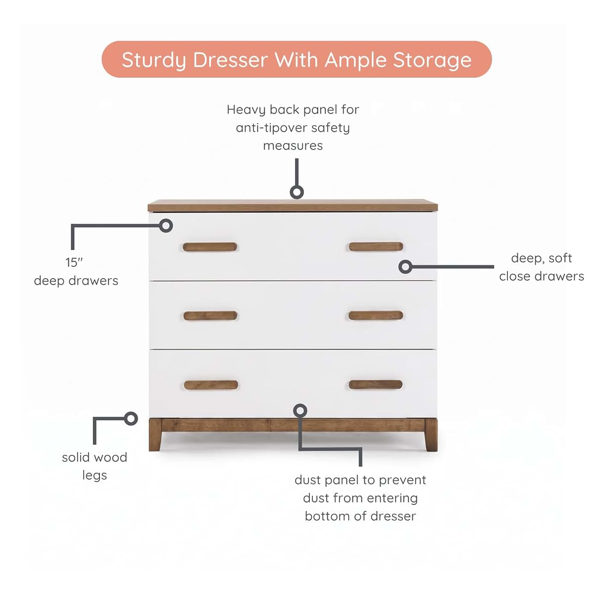 dadada LaLa 3-Drawer Compact Nursery Dresser, Deep Drawers, White/Walnut (photo 3)