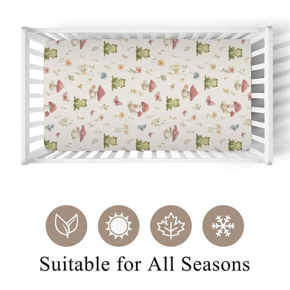 Wicbfdfv Frogs Butterflies Mushroom Wildflowers Fitted Crib Sheet (photo 2)