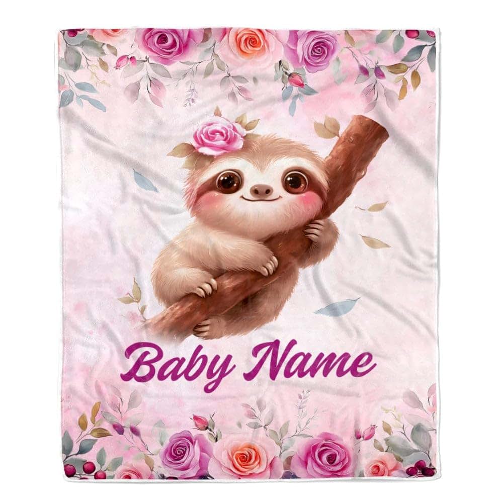 TeesNow Personalized Sloth Baby Blanket for Girls Custom Name Pink Flowers Watercolor Bedding Gift for Babies Shower