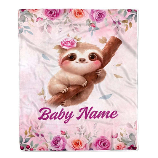 TeesNow Personalized Sloth Baby Blanket for Girls Custom Name Pink Flowers Watercolor Bedding Gift for Babies Shower