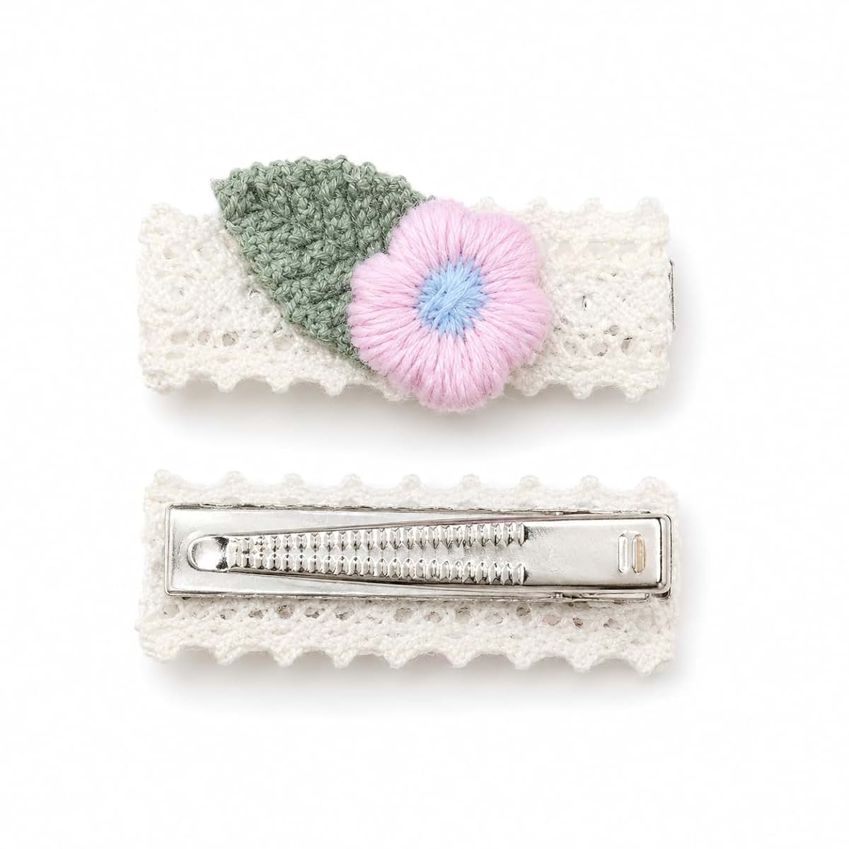 Koa Baby Pastel Floral Lace Hair Clips for Baby Girls, 2 Pairs Handmade Crochet Leaf and Flower Barrettes in Blue and