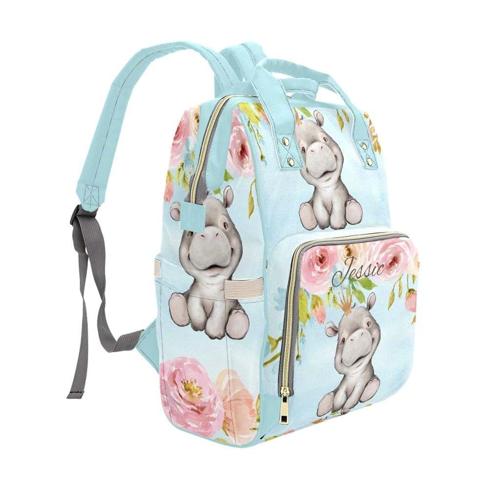 YallLocoMo Custom Diaper Bag Backpack for Girls Boys Kids Blue Floral Rose Crown Rhino Large Capacity Nappy Bag: (photo 3)