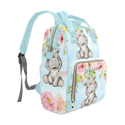 YallLocoMo Custom Diaper Bag Backpack for Girls Boys Kids Blue Floral Rose Crown Rhino Large Capacity Nappy Bag: (photo 3)