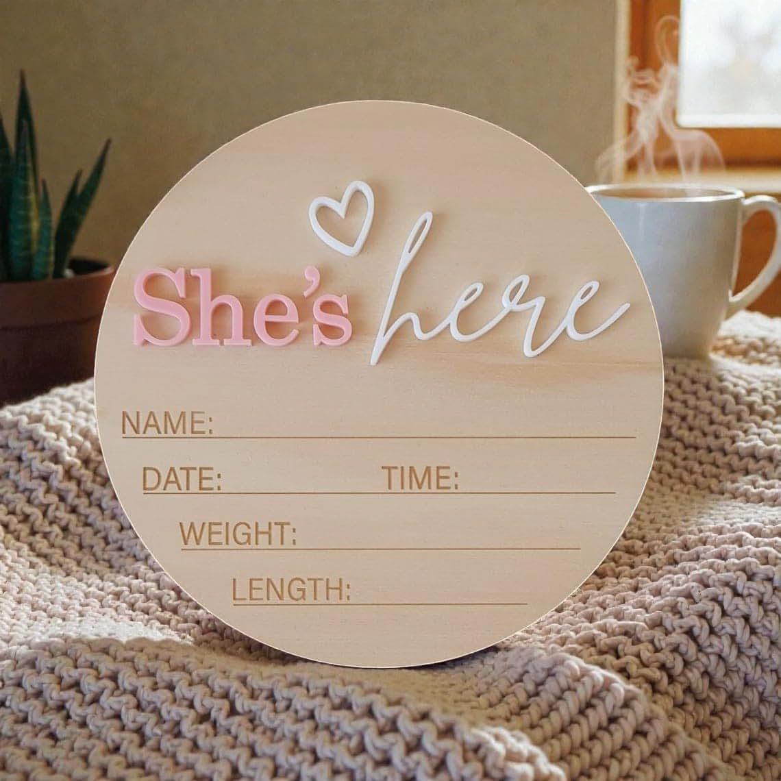 Linhtevie Wooden Birth Announcement Sign – 6 Inch Round Baby Announcement Plaque