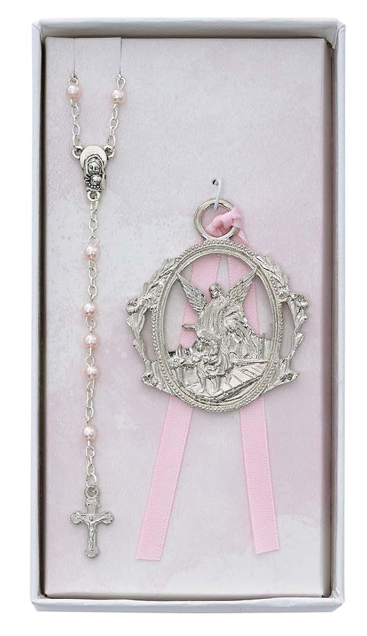KeegansCatholicTreasures Baby Pink Rosary and Crib Medal Set