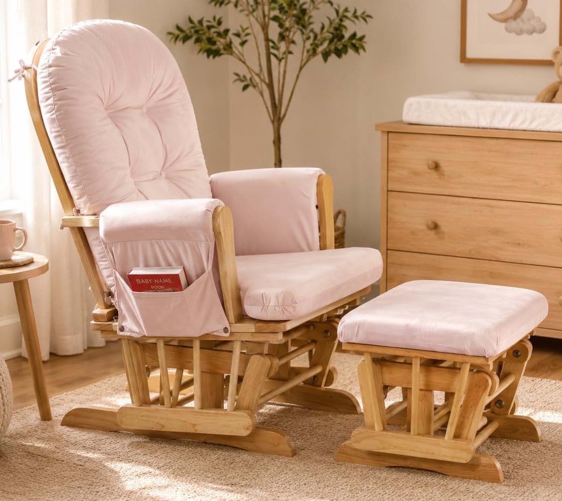 Suite Bebe Carson Nursery Rocking Chair With Ottoman In Poetic Natural Wood And Pink