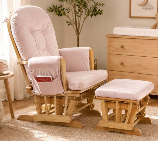 Suite Bebe Carson Nursery Rocking Chair With Ottoman In Poetic Natural Wood And Pink