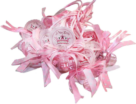 RBN 12 PCS Pacifier Ribbon Necklaces Little Prince and Princess with Crown Polka Dot Acrylic Baby Shower Game Favors