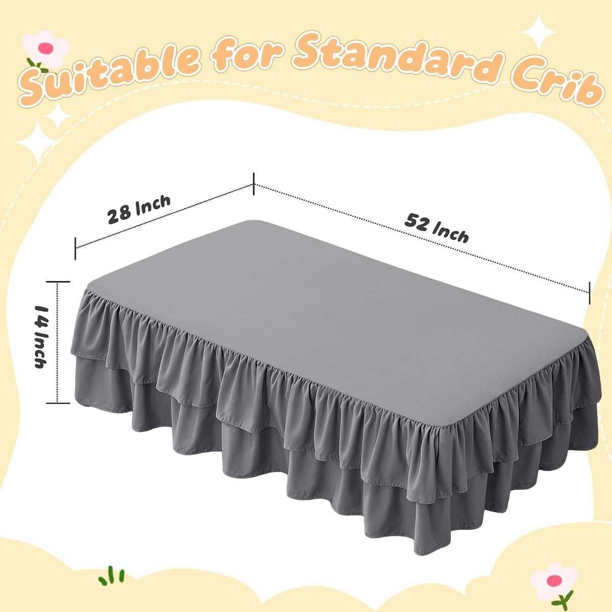 Cobedzy Ruffled Crib Bed Skirt, Grey, Soft Double Layer, 28 X 52 Inch, 14 Inch Drop