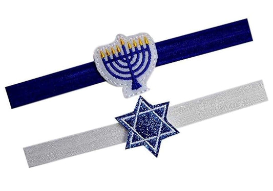 Funny Girl Designs Hanukkah Elastic Headband SET with Embroidered Glitter Star of David and Menorah for Babies and