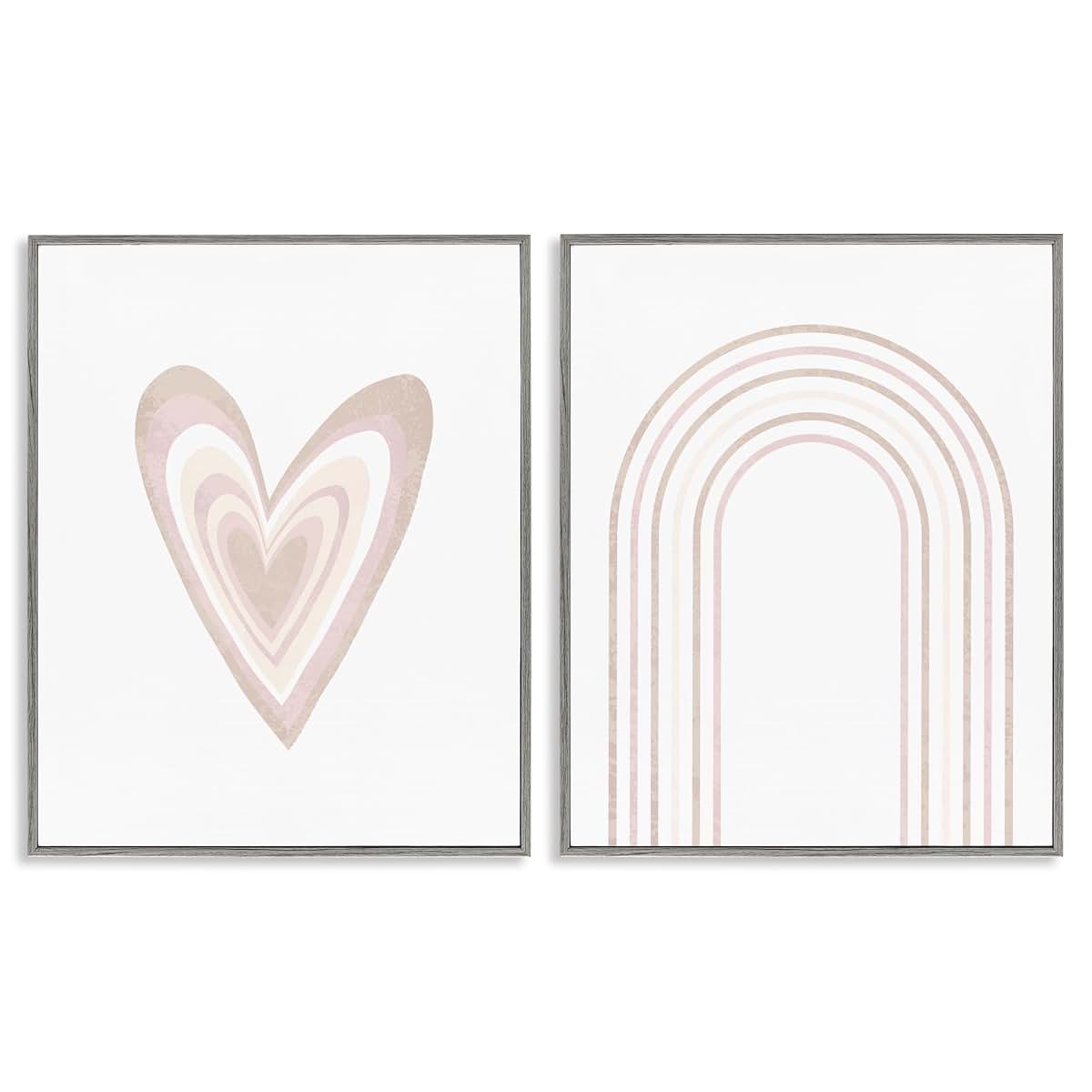 Stupell Industries 2-Piece Framed Giclee Art Set, Rainbow Striped Heart Wall Decor, Gray, 16x20 Inches