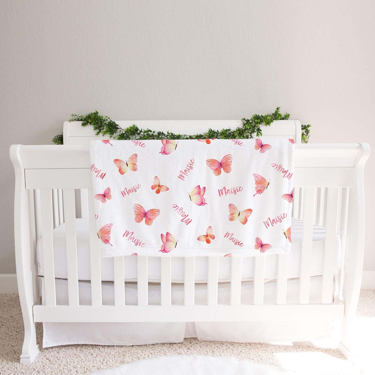 Lovable Gift Co Butterflies Personalized Baby Receiving Swaddle Blanket In Coral (photo 2)
