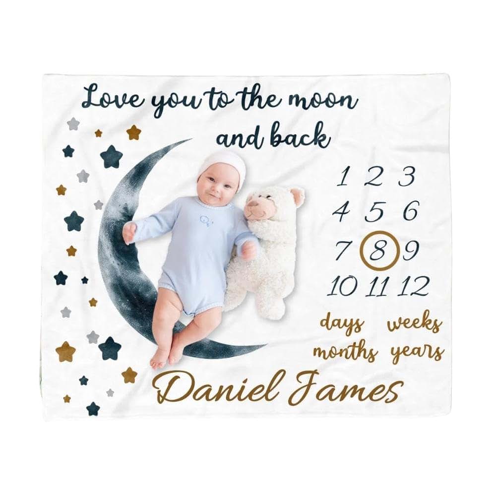ZEBRA88 Personalized Month Milestone Baby Blanket, Moon & Stars Growth Tracker Quilt, Soft Sherpa Comforter for Infant