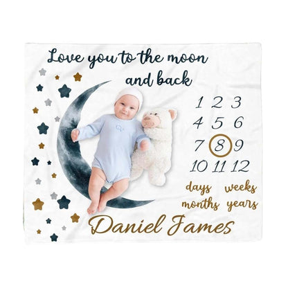 ZEBRA88 Personalized Month Milestone Baby Blanket, Moon & Stars Growth Tracker Quilt, Soft Sherpa Comforter for Infant