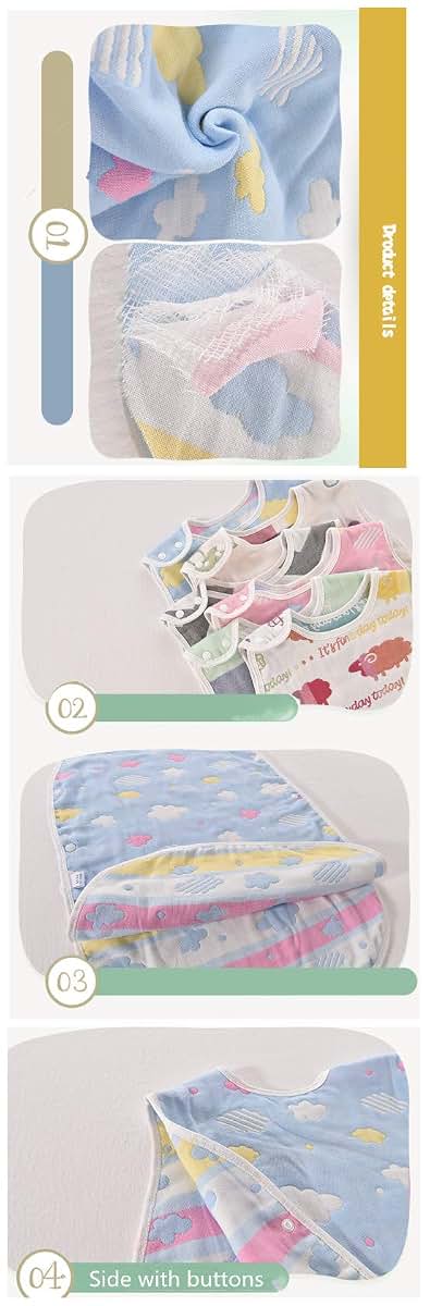 CYUURO Baby Sleeping Bag 4 Layered Cotton Gauze Vest Wearable Blankets Breathable,Cloud Blue,7545cm (photo 3)