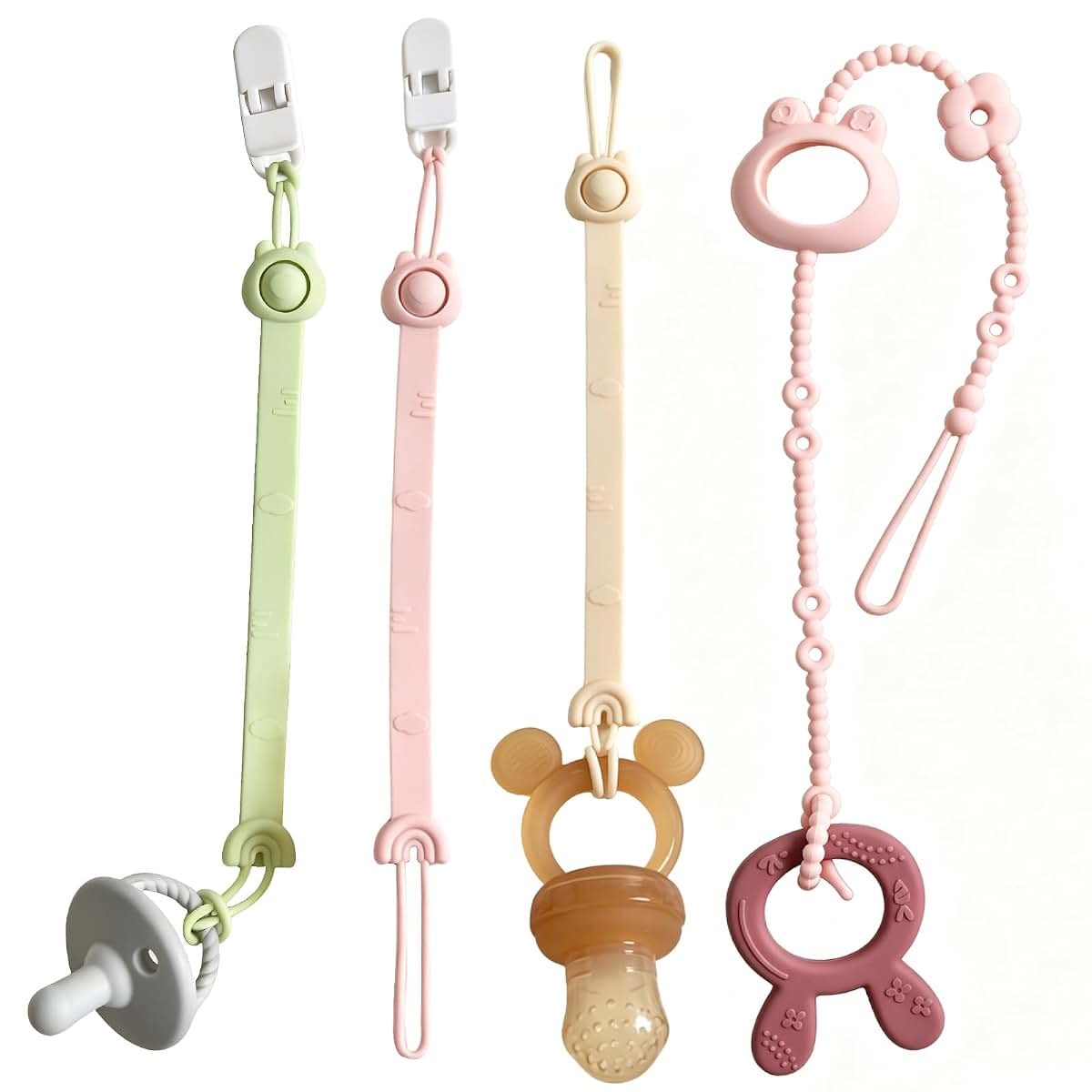 boniboo 4 Pack Baby Pacifier Clips,Adjustable Toy Straps for Stroller Accessories,100% Food Grade Silicone Pacifier