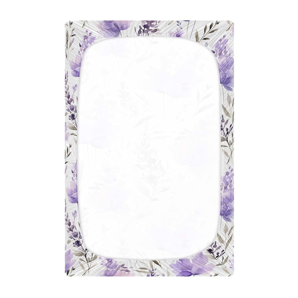 AIXIWAWA Watercolor Purple Floral Crib Sheet, Fitted Breathable Mini Playard Sheet, 2 Sizes