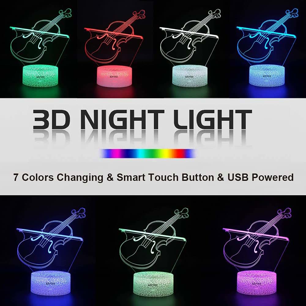 LLUUKK Violin Fiddle Visual 3D Night Light Music Lovers Desk Lamp 7 Color Touch w/USB Cable White Bottom Table (photo 2)