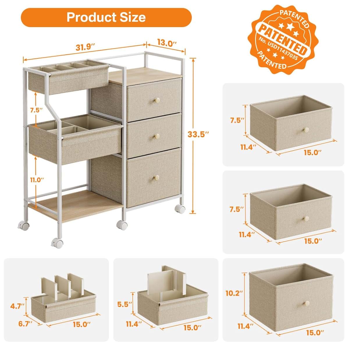 Modanais Baby Diaper Caddy Organizer Rolling Cart with Drawers, Off White (photo 2)