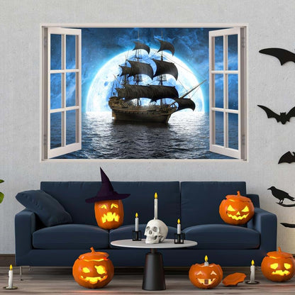 Kiddale 3D Pirate Ship Fake Window Wall Sticker Decal for Bedroom Decoration