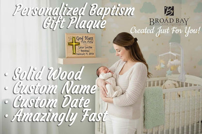 Broad Bay Baptism Gift Plaque – Custom Name and Date Christening Gift for Baby Boys or Girls – Solid Maple Wood