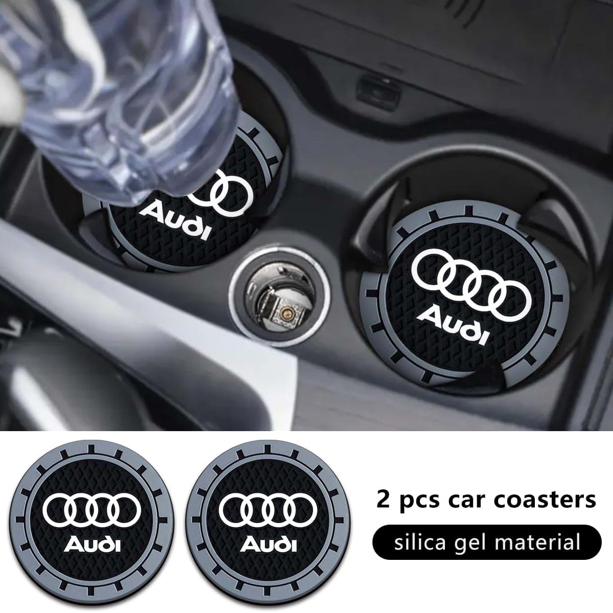 Audi Car Cup Holder Coaster Silicone with Crystal Rhinestones, 2.76 Inch, 2 Pack, Grey