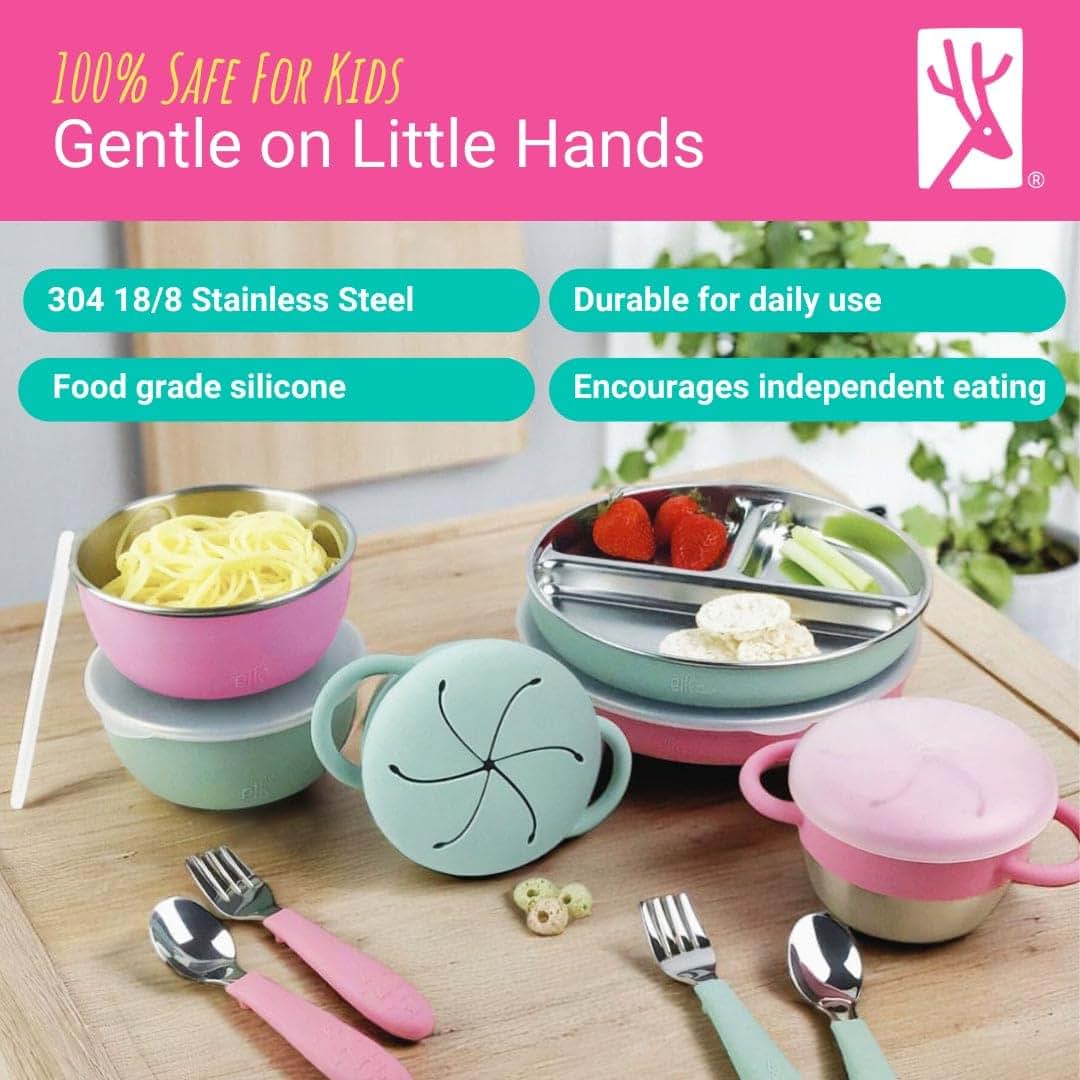 Elk and Friends Stainless Steel Mealtime Bundle with Silicone Sleeves, 10-Piece Toddler Dinner Set