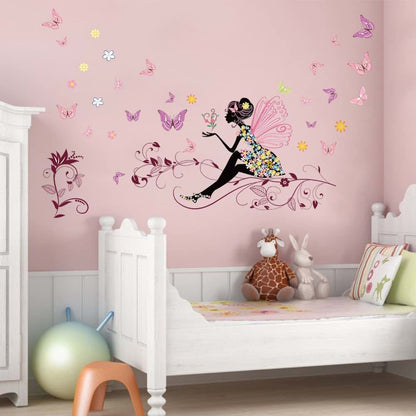 Decalplanet Pink Butterfly Fairy Flower Wall Decals