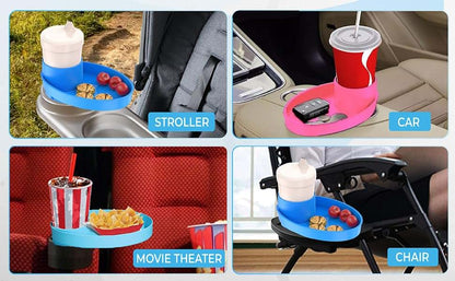 MommyMob Kids Travel Tray Kit - 360° Rotatable Cup Holder Tray for Car Seat, Stroller, Booster (Blue)