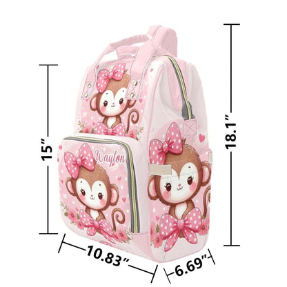 NZOOHY Pink Bow Monkey Personalized Diaper Bag Backpack Custom Name Nursing Baby Bag Mommy Bag for Mom Travel Daypack