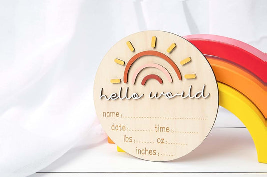 DAISY FRILLS Hello World Newborn Baby Announcement | Sunshine Rainbow Name and Measurements Hospital Birth Pregnancy