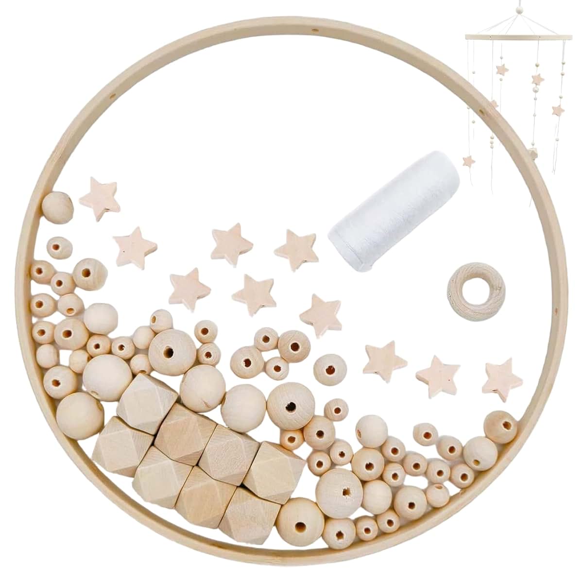 Latemeia Baby Mobile for Crib, DIY Wooden Baby Crib Mobile Set with Bamboo Ring, Beads and Cotton Thread for Nursery