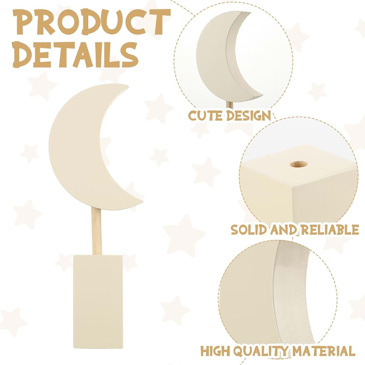 3 Piece Wooden Moon Star Wall Decor Set for Nursery and Kids Room