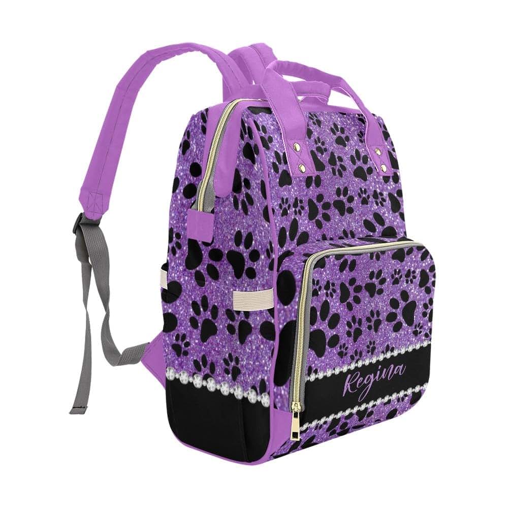 NZOOHY Dog Paw Purple Glitter Print Personalized Diaper Bag Backpack,Custom Name Diaper Backpack Baby Nappy Bag Mommy