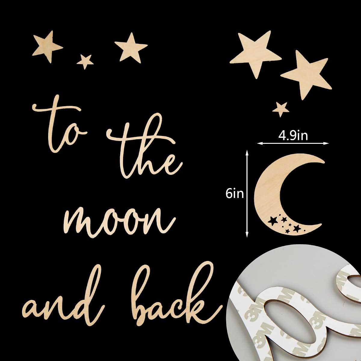 Lintran Wooden 3D Wall Quote Decor - 'To The Moon And Back' With Moon And Stars Set - Unique Wall Decoration For