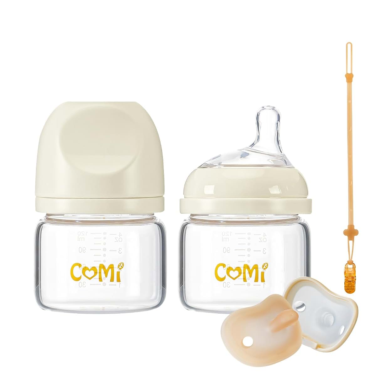 COMI Natural Glass Baby Bottles for Breastfeeding Babies,Newborn Anti-Colic Baby Bottle Set with Slow Flow Nipple,0-3