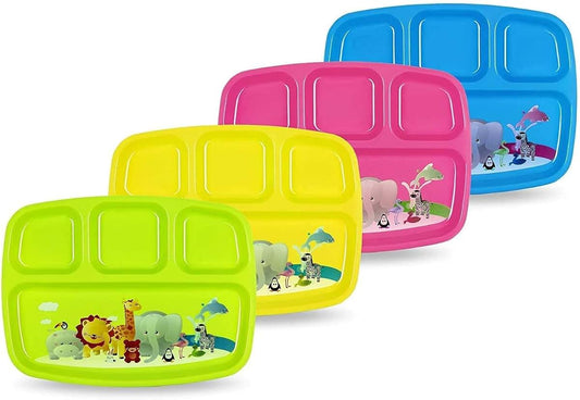 PLASKIDY Toddler Plates With Dividers - Set of 4 Kids Plates with 4 - Compartment Brightly Colored Children Dinner
