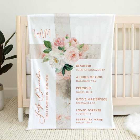 L&NG Baptismal Gift Blanket 40X50, Floral Cross Communion Present, Personalized Infant Quilt, Custom Keepsake Comforter