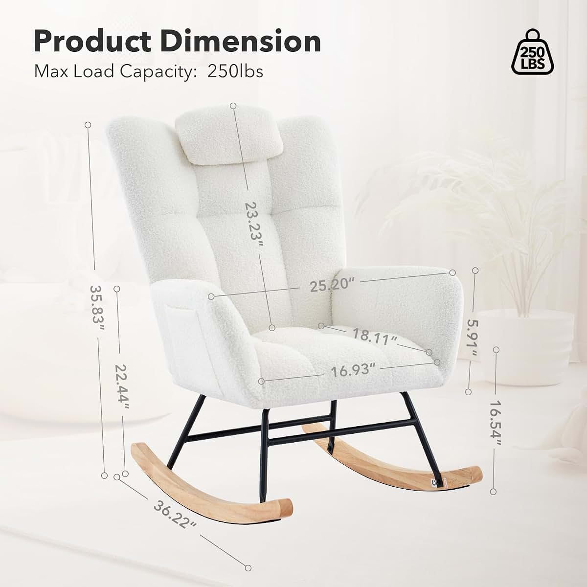 LIZHOUMIL Rocking Chair Plush Fluffy, Upholstered Glider Rocker, Nursing Chair (photo 3)