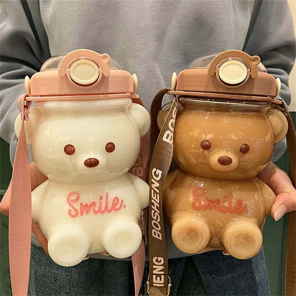 Osuner Kawaii Bear Straw Water Bottle with Adjustable Strap and Phone Holder (photo 4)