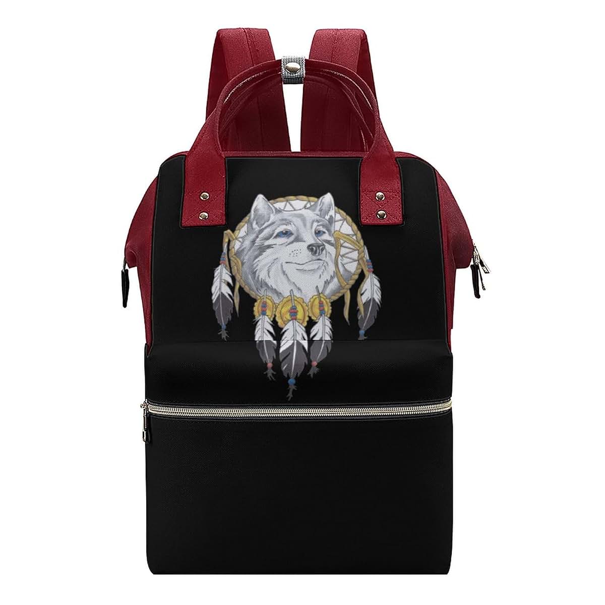 SONGTING Watercolor Wolf and Dreamcatcher Diaper Bag Backpack Travel Waterproof Mommy Bag Nappy Daypack Red-Style