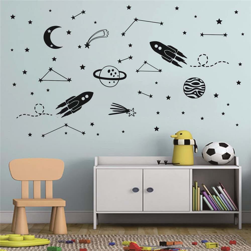 Outer Space Rocket Wall Decals for Kids, Removable Vinyl Stickers with Planets, Moon, Stars, Black